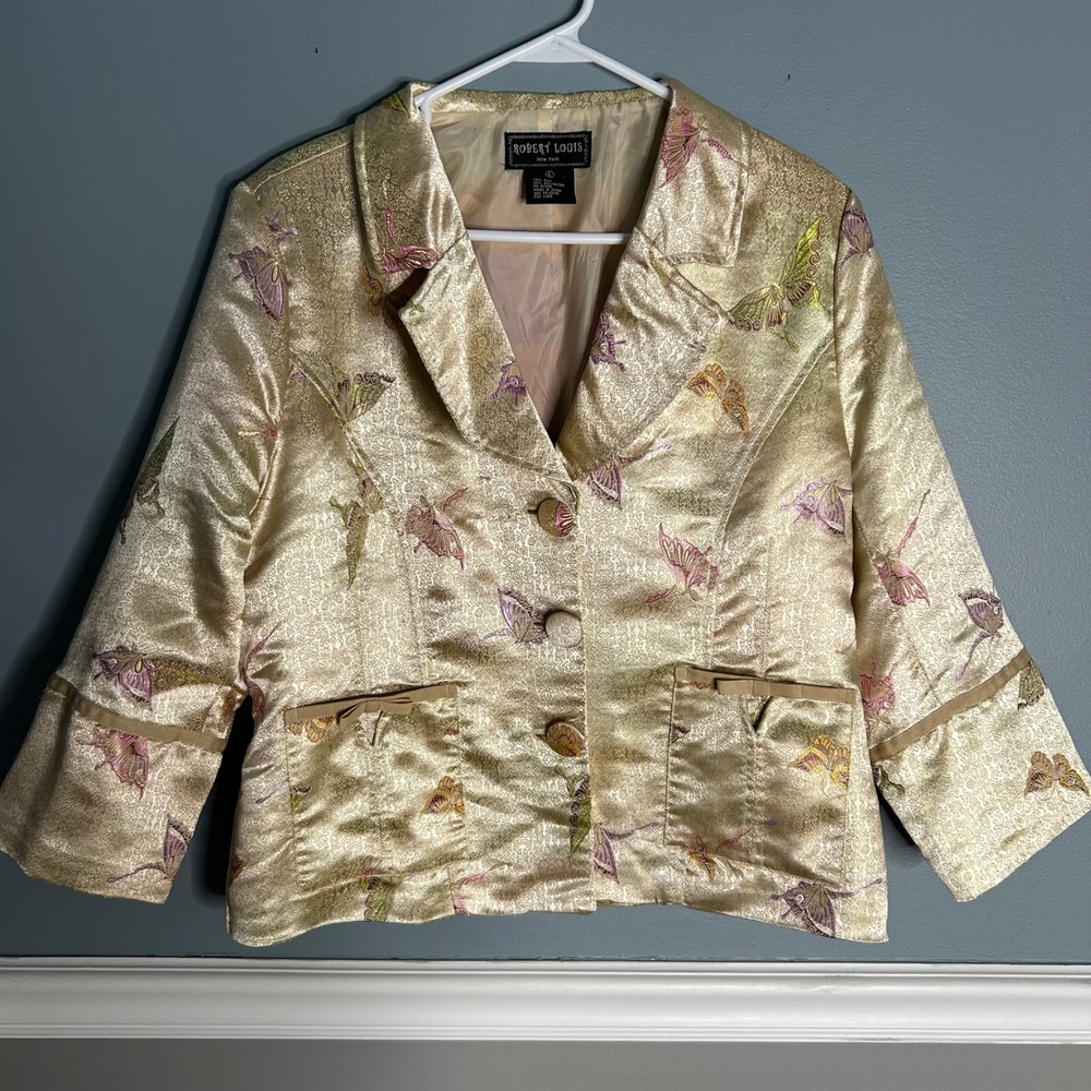 Robert‎ Louis New York Silk Blend Butterfly Brocade Jacket Gold uique fairycore